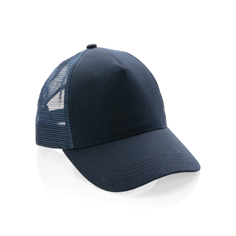 Impact AWARE™ 5 panel recycled katoenen truckercap - donkerblauw (± PMS 539)