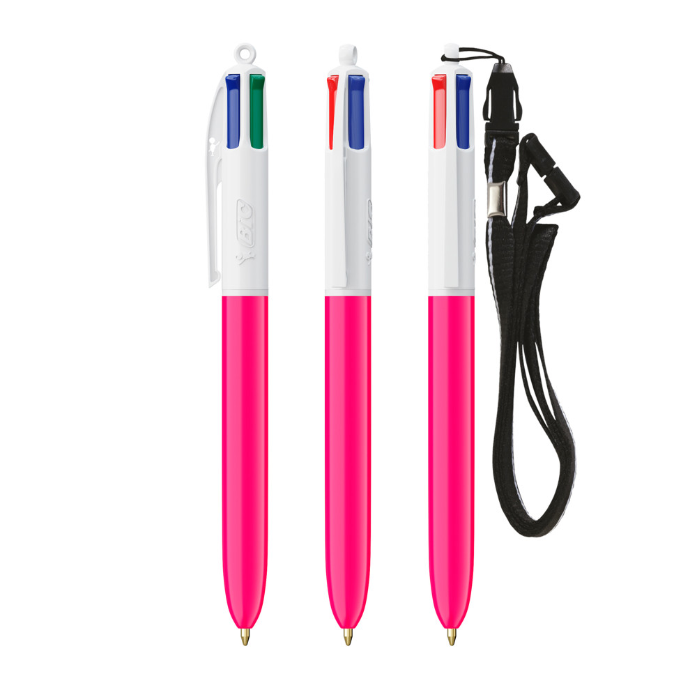 BIC® 4 Colours® ballpen + lanyard - Wit - roze