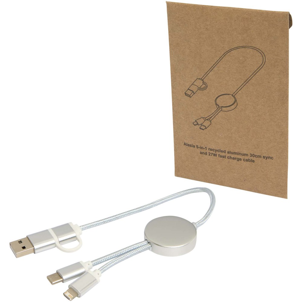 Alasia 5-in-1 30 cm datasynchronisatie- en 27 W snellaadkabel van gerecycled aluminium en plastic - Zilver
